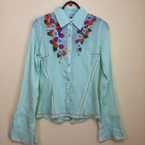 Aziz | Mint Green Floral Embroidered Metallic Thread Cotton Button Up Shirt M